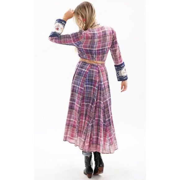 Aratta Silent Journey Boho Plaid Purple Pink Wrap Dress Size XS - Picture 4 of 12